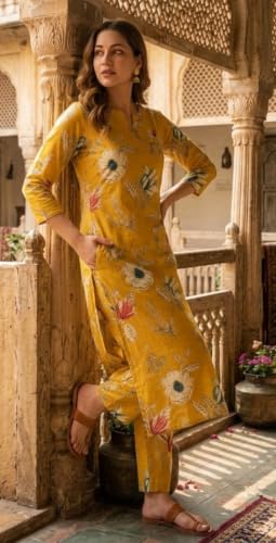 Image of CREATION & YOU Women's Pure Cotton Floral Printed Kurta with Palazzo Pants | Ethnic Set | Kurti Set for Women | Cotton Cord Set for Women