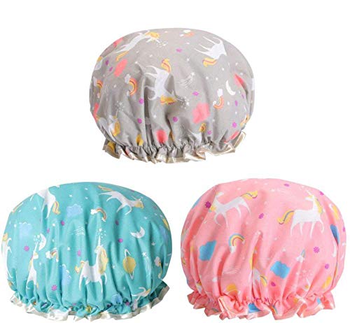 Jieddey Gorro de Ducha de Unicornio,3 PCS Gorro de Baño para Mujer Gorros de Baño de Doble Capa Impermeable Gorro de Ducha Reutilizable con Banda Elástica para Niñas Mujeres GY Cover