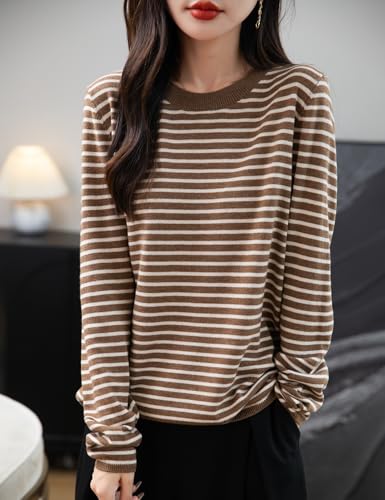 Women's Merino Wool Blend Sweater 2025 Fall Winter Casual Crew Neck Striped Long Sleeve Knit Pullover Sweater4