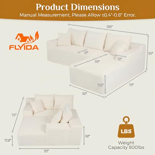 Image of 108 inch Boneless Cloud Sectional Couches for Living Room, Comfy Fluffy L Shaped Memory Foam Deep Seat Boneless Couch, Modular Sectional Sofa with Right Facing Chaise, White