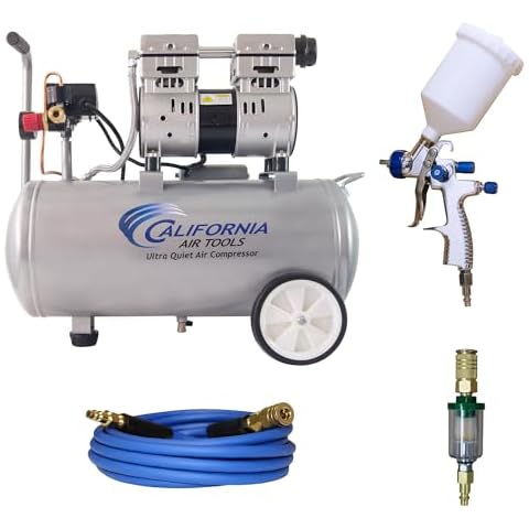 California Air Tools 8010 PK 1.0 HP Ultra Quiet and Oil-Free Air Compressor and LVLP Spray Painting Kit, 8 Gallon Steel Tank, Lightweight with Wheels, 60 dBA Noise Level Cover