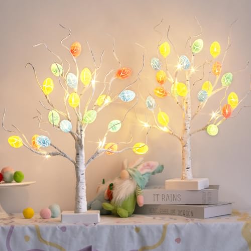 PEIDUO Easter Decorations, 22" Easter Tree Lighted Tabletop with 36 Cracked Egg, Easter Egg Tree for Spring Decoration, 2PK Pre-lit White Birch Tree for Indoor Home Decor, USB and Battery Powered