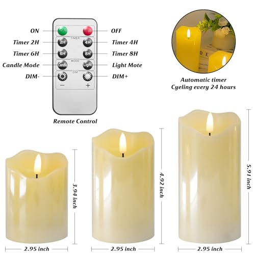 Image of 3Pcs Real Wax 3D Flickering Flameless LED Candles for Home Wedding Decor. | Real wax LED candles 4 inch /5 inch /6 inch, battery‑powered. Features 3D flicker, remote & timer, safe for table & indoor decor.