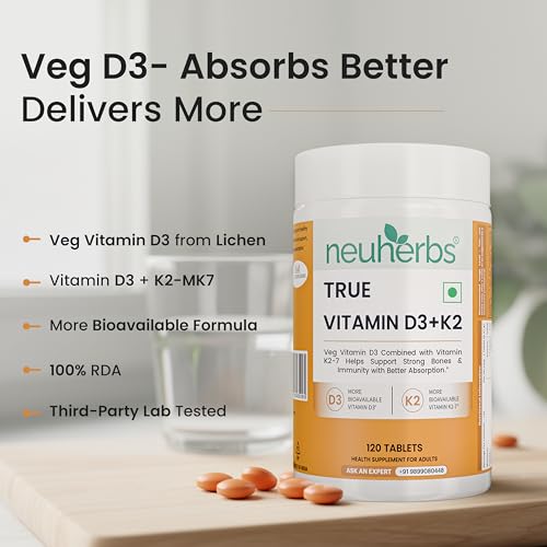 Image of Neuherbs Vitamin D3 (600 IU) Tablets with K2 MK7 | True Vitamin D3 to Supports Bone Strength, Immunity & Heart Health | Vegetarian D3 Supplement for Men & Women | 120 Tablets