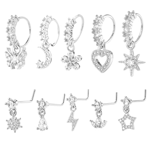 10 Pcs Dangle Nose Ring Hoop 20g Cz Nose Rings with Charm L Shaped Dangling Noses Stud Indian Piercing Jewelry For Women