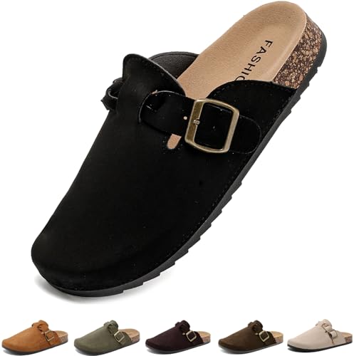 Image of Suede Clogs for Men Soft Cork Footbed Women's Clogs Mules with Arch Support, Adjustable Buckle Comfort Leather Potato Shoes, Slip-On Closed Toe Slippers