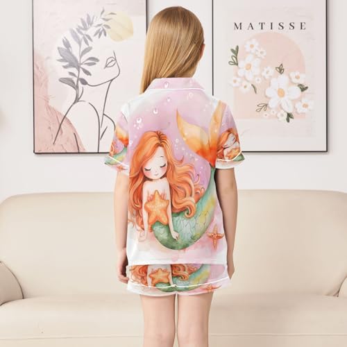 ALAZA Starfish Watercolor Mermaid Satin Pajamas Set Short Sleeve Button Down Sleepwear Summer Pjs 2 Piece4
