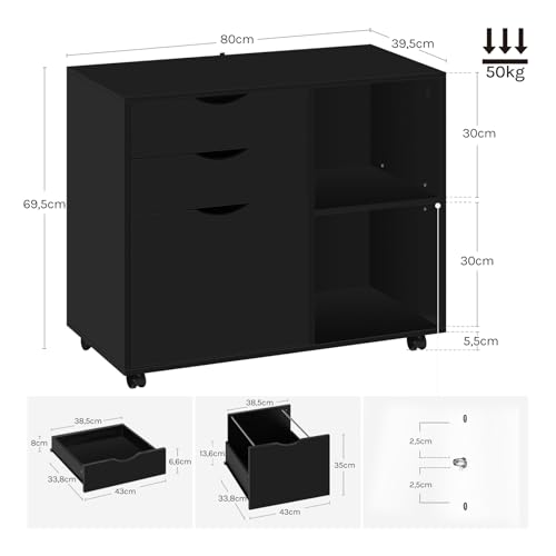 WOLTU Archivador Móvil, Cajonera de 3 Cajones y 2 Estantes Abiertos, con 5 Ruedas y Barra Colgante, Armario de Oficina para Carpetas y A4, 80x39,5x69,5 cm, Negro - imagen 3