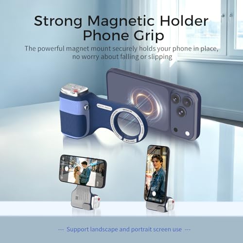 Image of Upgraded Mag-Safe Magnetic Camera Handle Grip with Extended Magnetic Phone Mount with Carabiner & Thumb Rest, Detachable Rechargeable Shutter Remote Compatible with iPhone Pro Max for Video Calls /TK