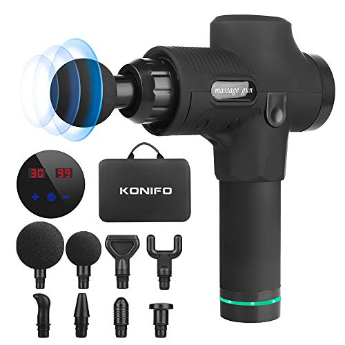 Pistola de Masaje,Masajeador Muscular Electrónica con 8 Cabezales de Masaje, Pistola de Masaje de Tejido Profundo 30 Niveles Ajustables,Súper Silencioso y Pantalla Táctil LCD,Negro