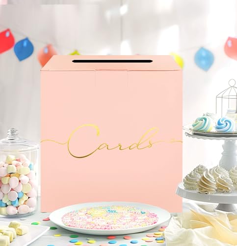 Image of HEIPINIUYE Large Card Box for Party 9.8 inch x 9.8 inch Pink Gift Card Box Holder with Gold Foil Design Envelope Box for Wedding Birthday Baby Shower Retirement Party Raffle Box