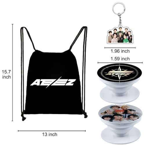Kpop Gifts Set for Ateez, Including Drawstring Bag Backpack, Necklace, Earrings, Bracelets, Button Pins, Lanyard ID Holder, Keychain, Phone Ring Holder, Cartoon Badge4