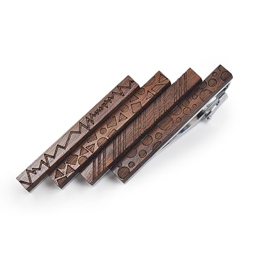Huliyhus Wood Tie Clip for Men, Geometric Pattern Wooden Tie Clips Tie Bar for Regular Ties, Tie Slide for Formal Business Wedding (4Pcs), Brown