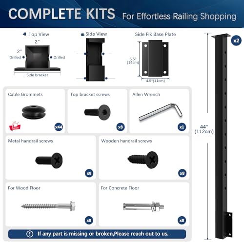 Image of 2 Pack Side Mount Cable Railing Post 36 inch (Post Body 44 inch), Level Drilled Space-Saving Rail Post with 11 Holes, Stainless Steel Fascia Mount Cable Railing System, Black Indoor Outdoor Deck Post