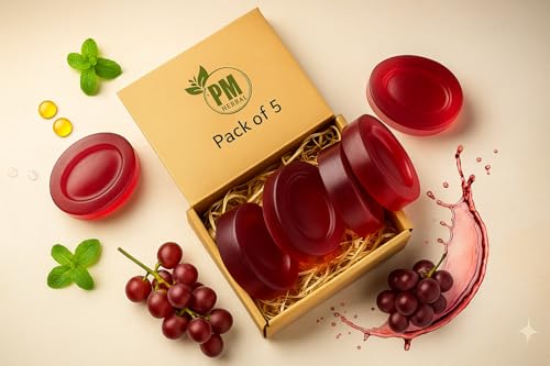 Image of PM Herbal Red Wine Natural Glycerine Soap | Paraben Free, SLS /SLES Free Handmade Herbal Bathing Bars | Enriched with Coconut Oil, Vitamin E & Essential Oils for Glowing, Moisturized Skin (Pack of 5)
