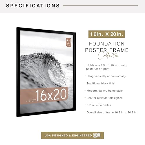 Image of MCS Foundation 16x20 Poster Frame Traditional Black, Vertical & Horizontal Wall Hanging Large Picture Frame for Photos, Posters & Art Prints (1-Pack)