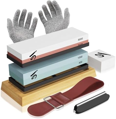 Knife Sharpening Stone Kit, KERYE Professional Japanese Whetstone Sharpener Stone Set, Premium 4 Side Grit 400/1000 3000/8000 Water Stone, Flattening Stones, Angle Guide, Leather Strop, Anti Cut Glove