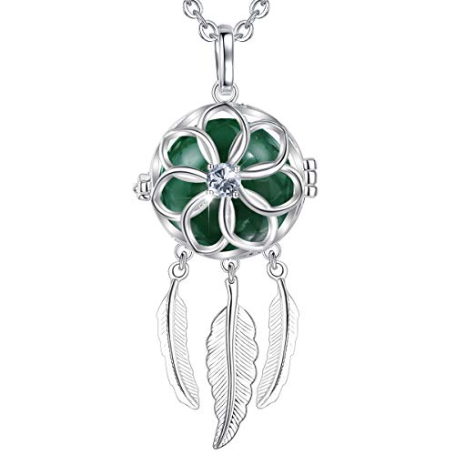 Harmony Ball Pregnancy Bola Necklace, Good Luck Dream Catcher Feather Harmony Ball Locket Angel Chime Bell 20 mm Mexican Bola Balls Pendant Necklace for Women Girls, 30"/45'' Chain(Dark Green)