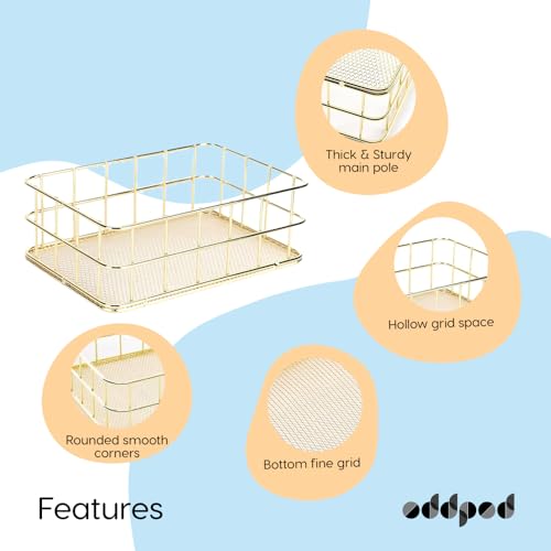 Image of Oddpod Rose Gold Wire Mesh Storage Basket /Rectangle Multipurpose Iron Grid Desktop Organizer Bin & Utility Tray for Office and Home - Medium