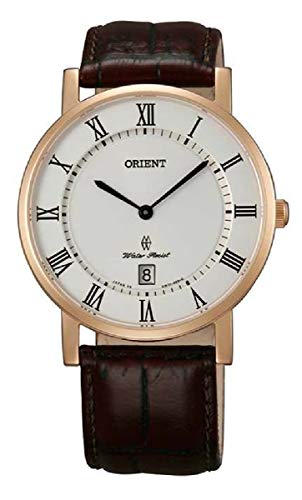 IGg Orient FGW0100EW0 42mm Gold Plated Stainless Steel Case Brown Calfskin Synthetic Sapphire Men's Watch j Y rv ysAiz