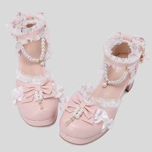 LUXMAX Womens Bow Double Strap Mary Janes Lolita Shoes Square Toe Chunky Heel Pumps3