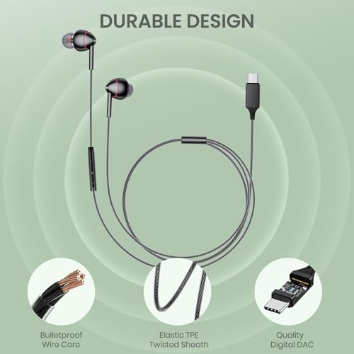 Image of USB-C Wired Earbuds with Microphone, Volume Control, Noise Canceling, Compatible with Samsung Galaxy S24 S23 S22, iPhone 17 16 15 Pro Pro max, Pixel Phones