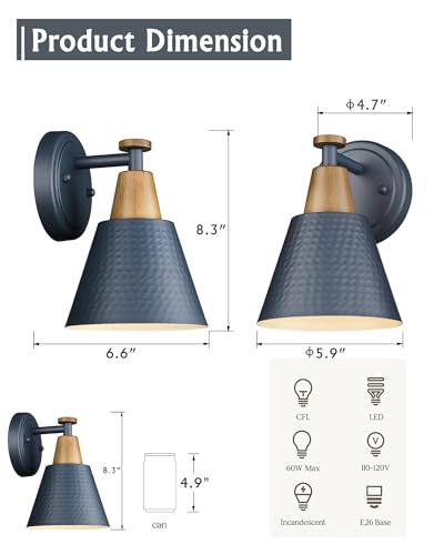 Image of FEMILA Modern Wall Sconces Set of 2, 1-Light Wall Lighting Bathroom Sconces Single Vanity Light, Hammered Metal Shade, Dark Blue,4FG59B-2 Blue