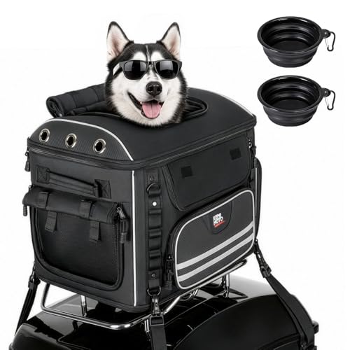 KEMIMOTO Motorcycle Dog Carrier for Medium Dogs Up to 28 lbs Pet Carrier with Rain Cover for Motorcycle Rear Seat & Luggage Rack Reinforced Adjustable Straps Breathable Large Mesh Zip Opening