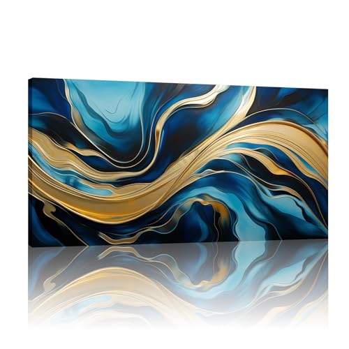 Impression giclée abstraite bleue dorée sur toile avec cadre 60x120