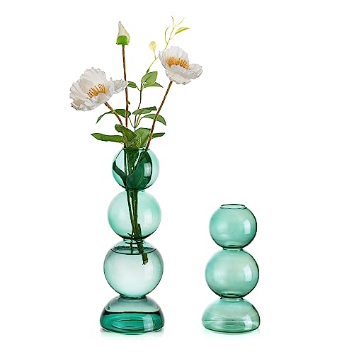 Hewory Pequeño jarrón para decoración de mesa: jarrón de burbujas verde de vidrio, moderno decorativo astético pequeño, mini juego de jarrones de cristal pequeños redondos para salón, boda, decoración