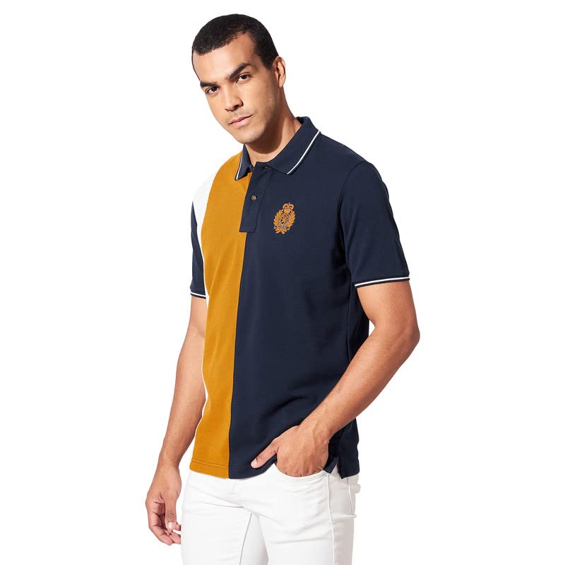 Image of FAHRENHEIT Men's Regular Poly Cotton Vertical Stripes Colourblock Pique Polo T-Shirt