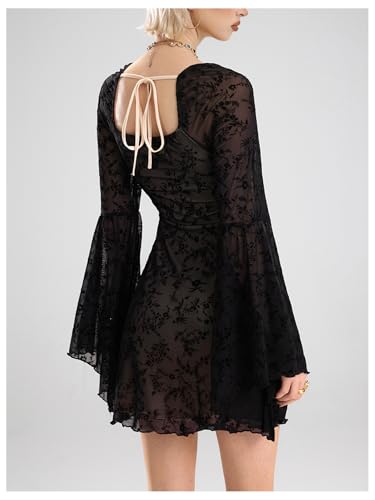 Image of WDIRARA Women's Floral Jacquard Mesh Gothic Dress Bell Long Sleeve A Line Vintage Dresses