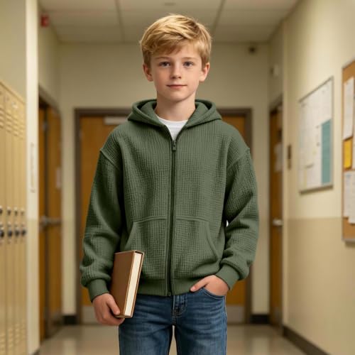 Boys Zip Up Hoodie Waffle Knit Kids Sweatshirt Jacket with Hood Size 10-12 - image 5