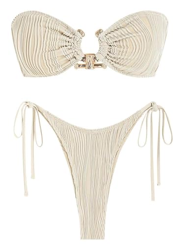 ZAFUL Women's Bandeau Bikini Shiny Metal Ring Decor Lace Up Tied Side High Cut Strapless Swimsuit(2-Light Coffee,L)