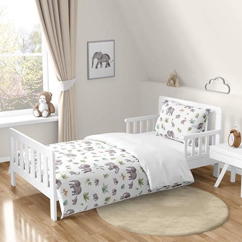 Image of Sweet Jojo Designs Watercolor Elephants Boy Girl Gender Neutral Toddler Bedding Set Kids 5p Bed in a Bag Comforter Blanket Pillowcase Sham Sheets Green Grey Jungle Safari Palm Trees Tropical Nature