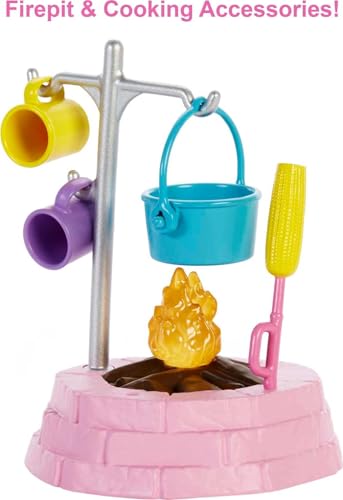Barbie Camping Serie, Campingset mit Skipper-Puppe, Schmetterling, Hase, Camping Zubehör, Aufkleber, inkl Puppe (25 cm), Geschenk für Kinder, Spielzeug ab 3 Jahre,N/A