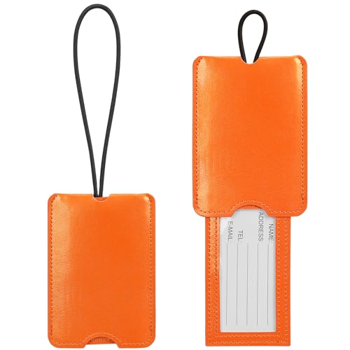 FYY Luggage Tag - 2 Pack PU Leather Luggage Tags for Suitcases with Name ID Card Travel Tags Labels with Privacy Cover for Baggage Handbag School Bag Suitcase Orange
