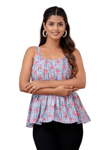 Image of feranoid Women Cotton Printed Sleeveless Strap Peplum Top