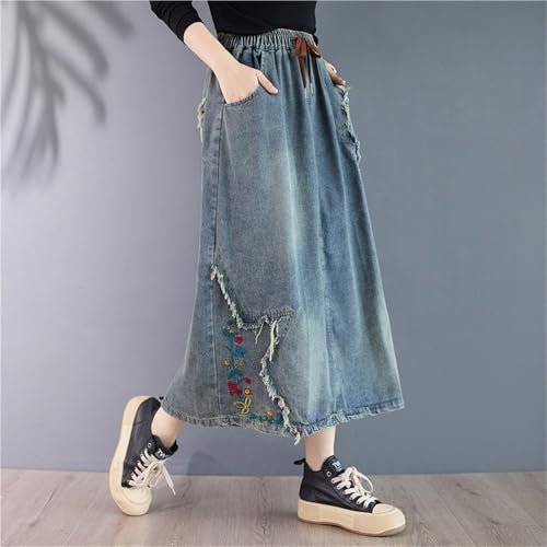 Women's Ethnic Style Floral Embroidered Denim Skirt Fashion Raw Edge A-line Midi Skirt High Waist Casual Loose Skirts2