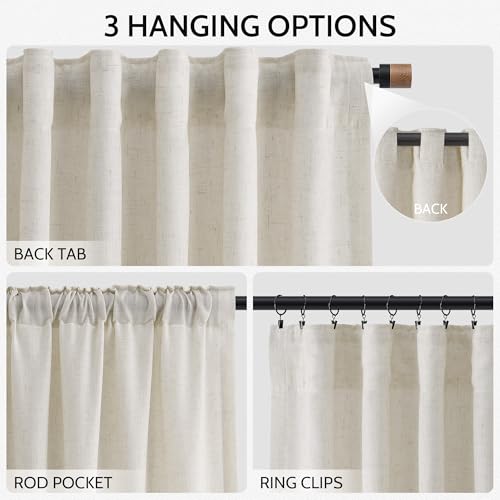 Image of Linen Curtains 63 Inch Long for Living Room Back Tab Mousse White