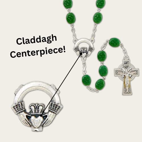 Needzo Shamrock Rosary with Claddagh Centerpiece, Irish Catholic Unisex Prayer Beads, Religious Jewelry Necklace with Traditional Crucifix Charm Dangle2