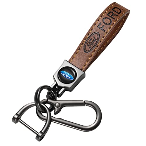 Cuir Porte-clés de Voiture avec Logo, Accessoire de Porte-clés de Voiture Compatible avec Ford Fusion F150 F250 F350 F450 F550 Edge Explorer F151,Cadeaux pour Homme Femme,Acier Inoxydable,Marron Cover