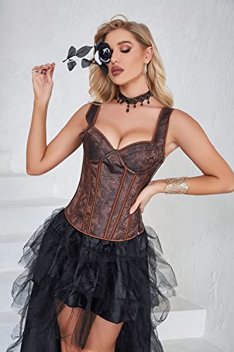 Moessa Women's Gothic Jacquard Shoulder Straps Tank Overbust Corset Bustiers 913-Brown-S - Image 4