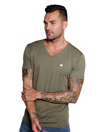 INTO THE AM V Neck T Shirts Men Fitted Casual Essential Basic Undershirt Sleep Vneck Tshirt for Guys (Olive, Large)
