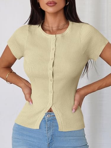 Image of Imily Bela Womens Short Sleeve Sweater Tops Summer Button Down Casual Ribbed Knit Slim Fit Cropped Cardigan Shirts