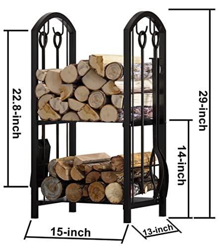 FireBeauty Fireplace Log Rack with 4 Tools Fireside Firewood Holders Lumber Storage Stacking Black Wrought Iron Heavy Duty Logs Bin Holder for Fireplace Tool