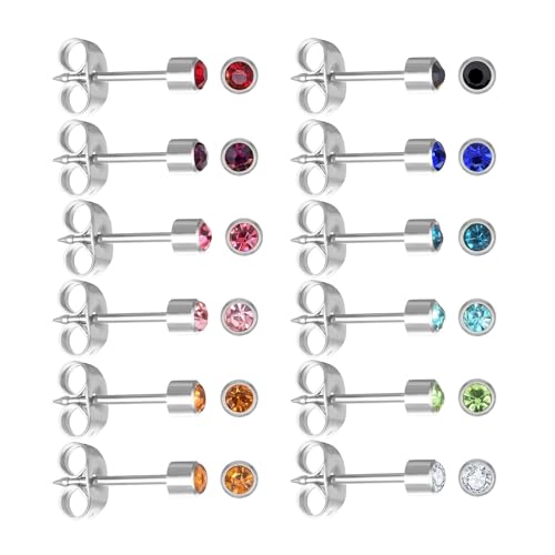 JUSTJANDM 12 Pairs Ear Piercing Stud Earrings for Ear Piercing Guns, Surgical Stainless Steel Multicolor Round Heart Star Cubic Zirconia Birthstone Stud Earrings Set (Silver round 4mm)