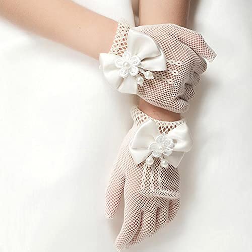AKOAK 1 Pair Girls Net Bow Lace Pearl Embellished Gloves, Stage Show/Party Supplies/Wedding Flower Girls/Ceremony Coronation Accessories2