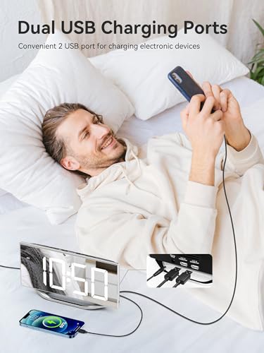 Image of Digital Clock for Living Room, Slim LED Mirror Digital Alarm Clock with 2 USB Ports, Dual Alarms, 12 /24H, Large Display with Diming Mode, Modern Electronic Clock for Bedroom Home Office Desk Decor