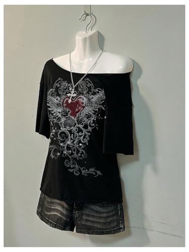 SweatyRocks Women's Goth Graphic Tees Off The Shoulder T Shirt Short Sleeve Trendy Tops3